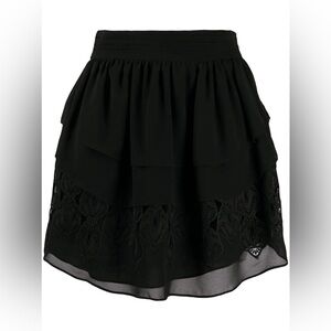 New IRO Paris Mugue Black Tiered Ruffle Mini Skirt Lace Embroidery